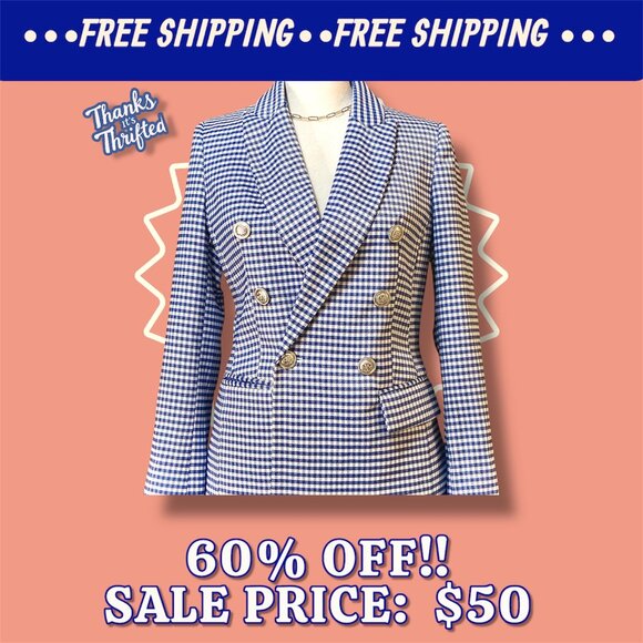 J&L ATELIER BLUE WHITE GINGHAM DOUBLE-BREASTED BLAZER (EXTRA SMALL) - Picture 1 of 16